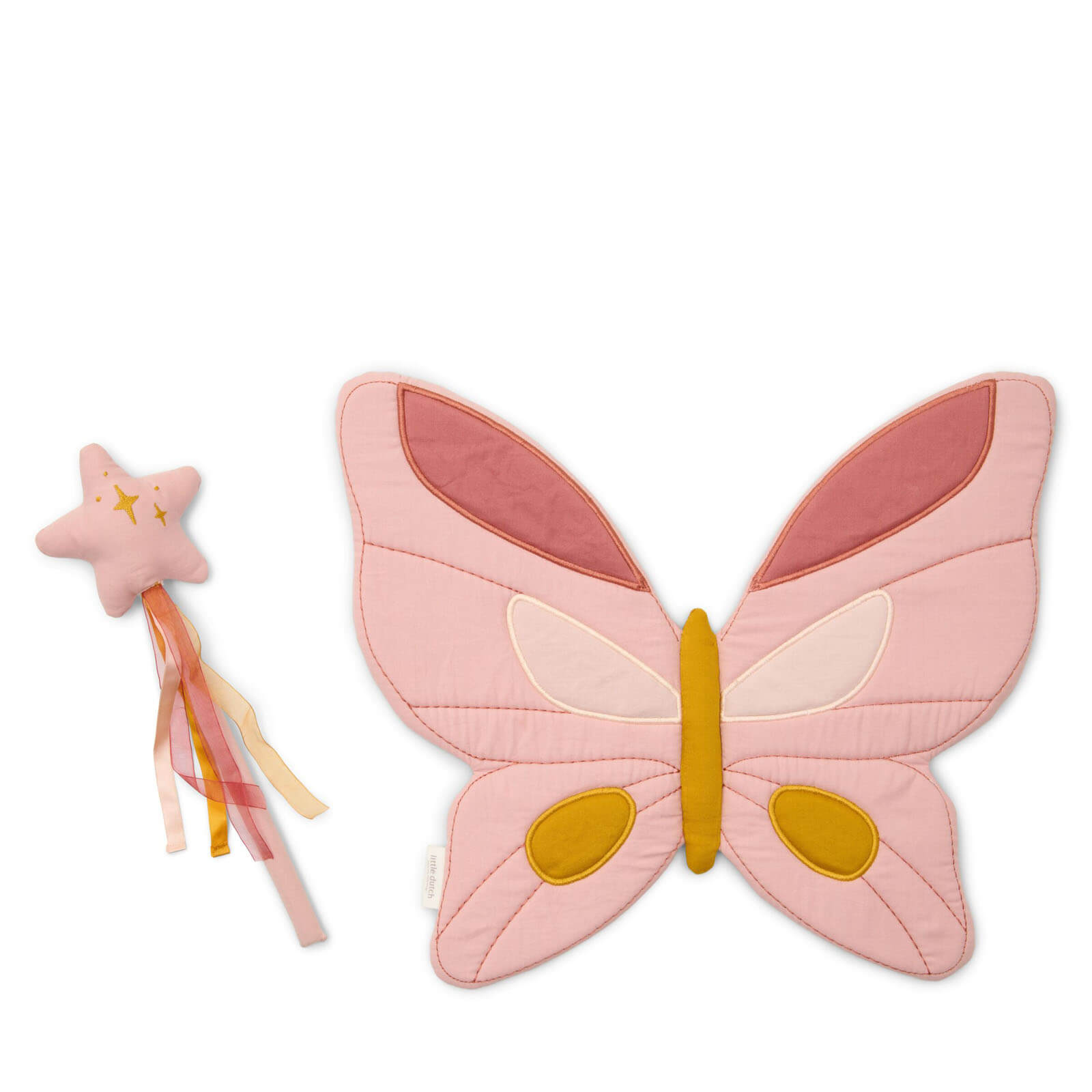 Pink butterfly wings with a star wand on a white background