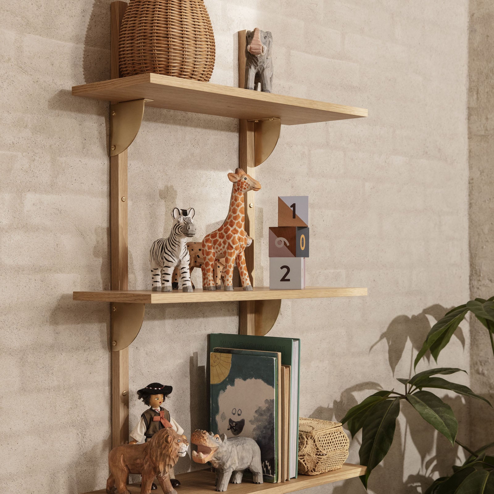 Sector Shelf Triple/Narrow - Oak/Brass