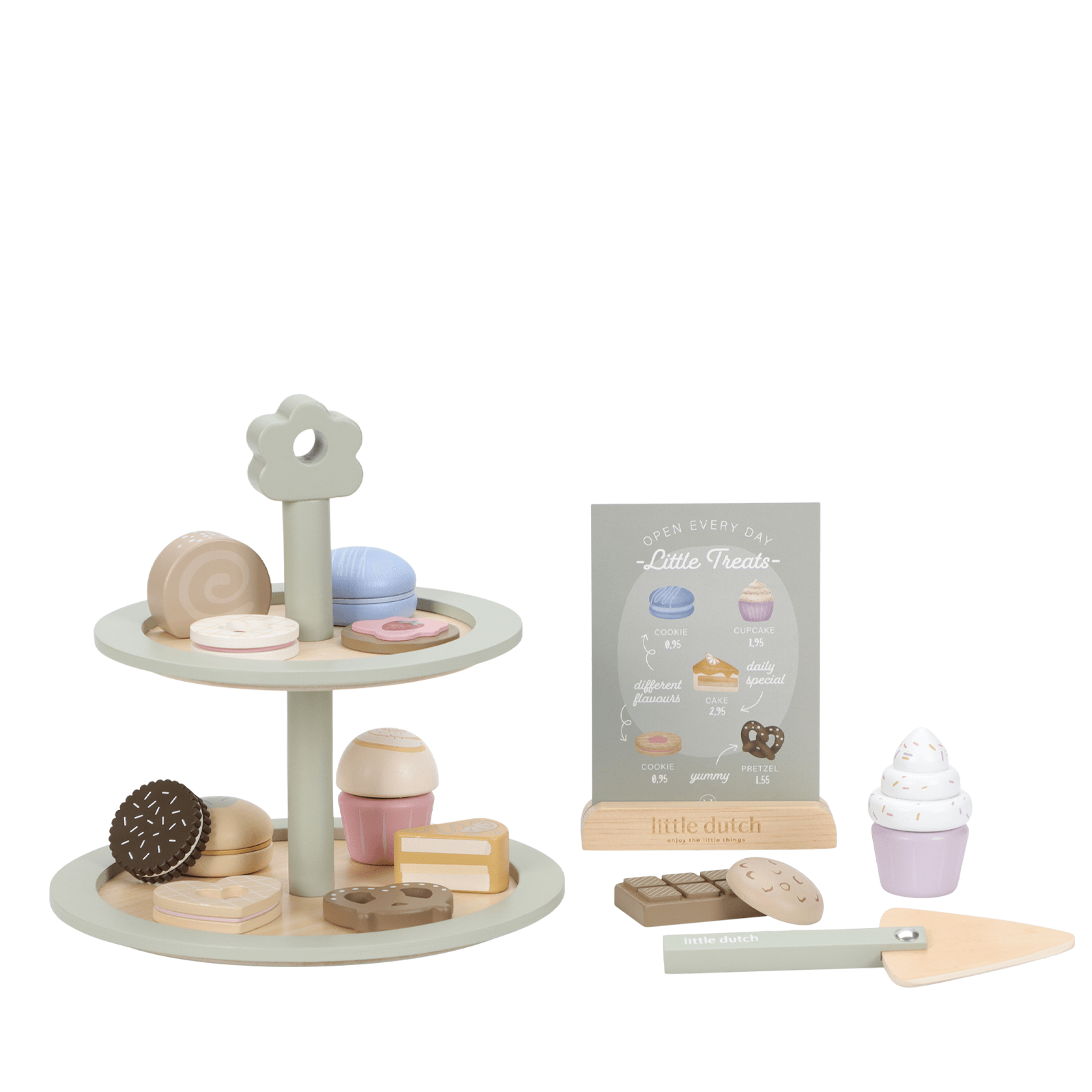 Wooden toy bakery set with pastries and a sign on a white background