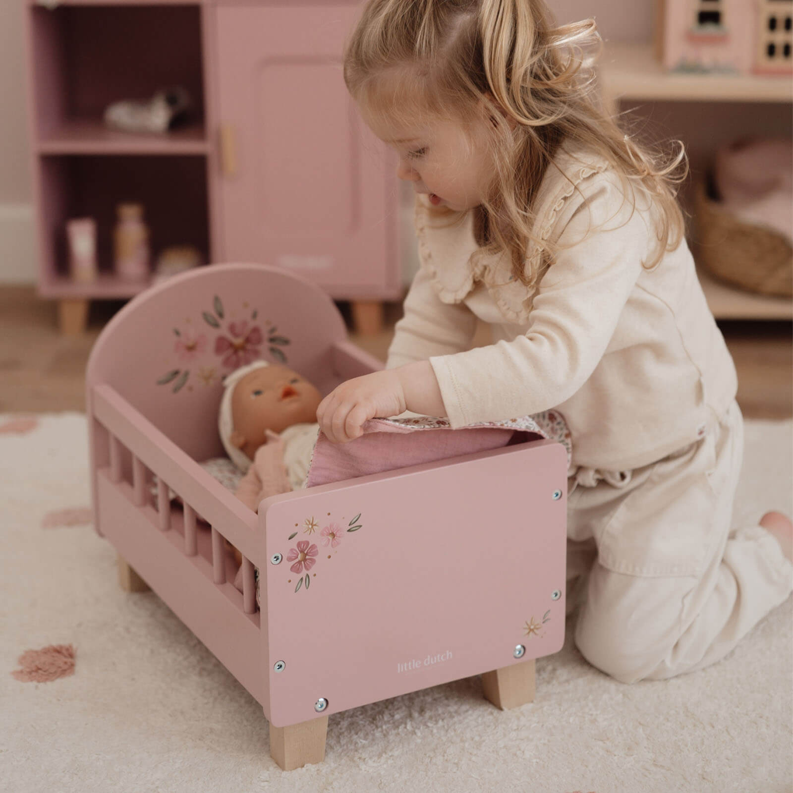 Wooden Doll Bed And Bedding