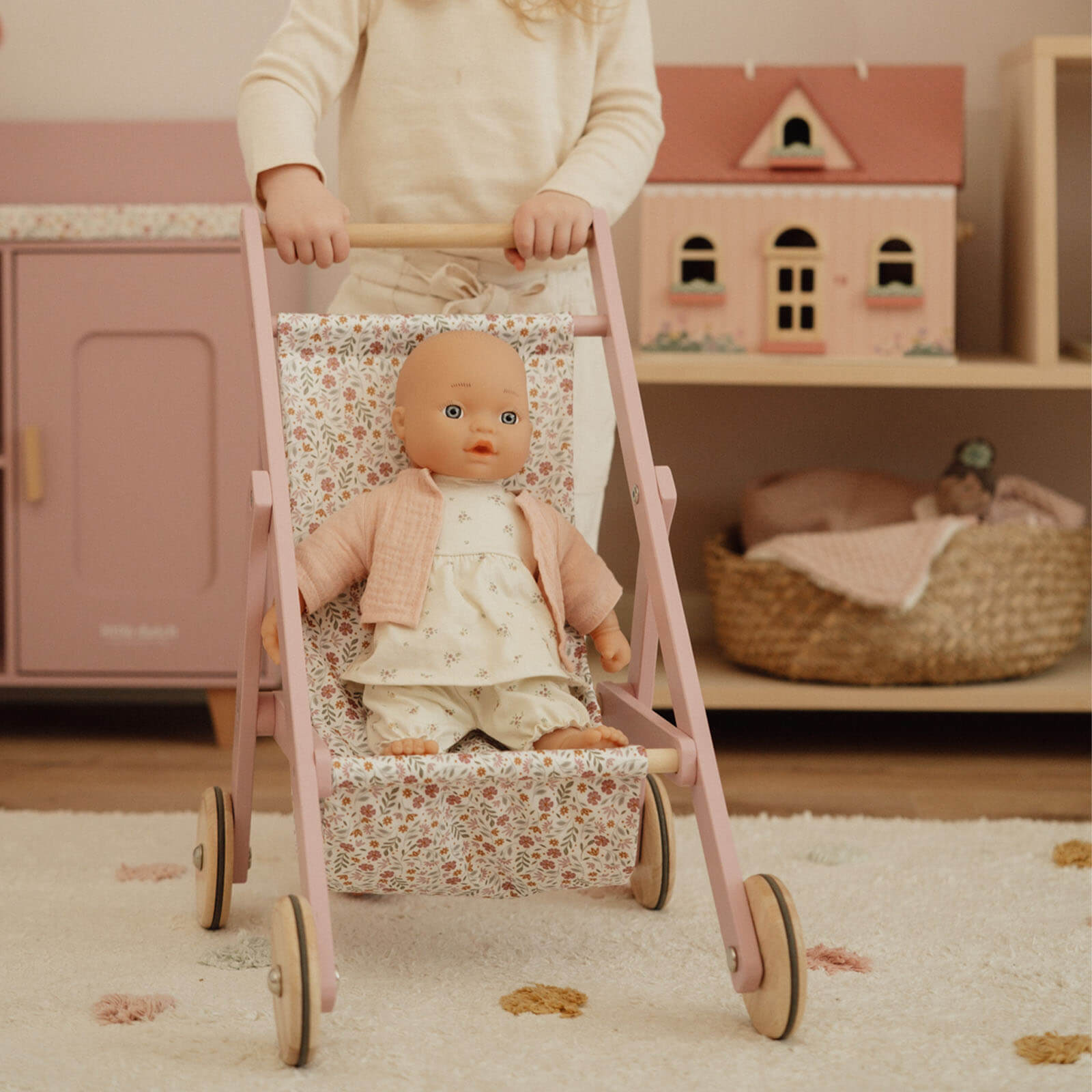 Wooden Doll Stroller Flowers and Butterflies