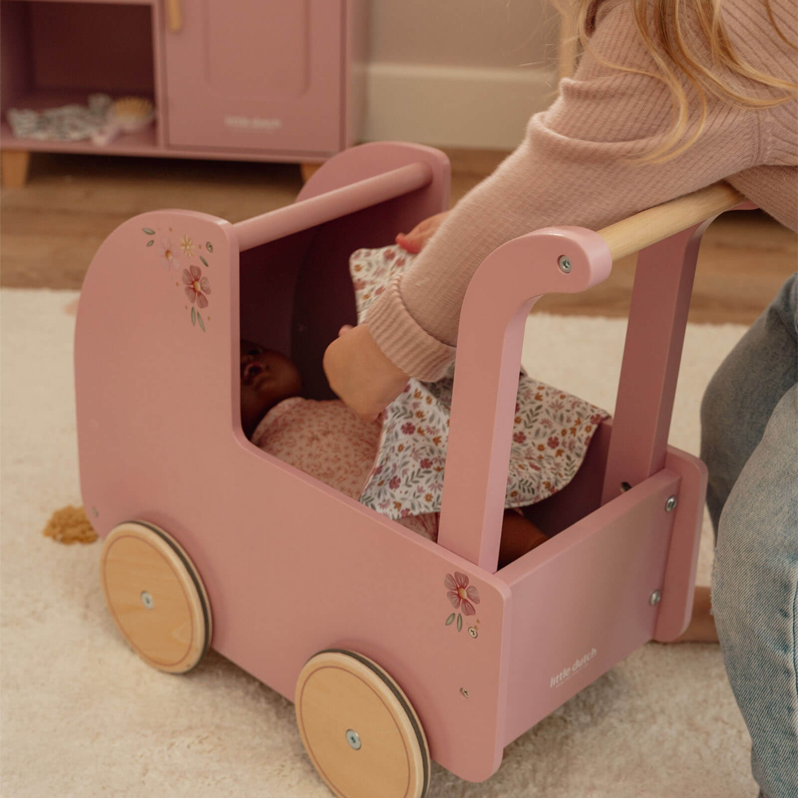 Wooden Doll Pram and Bedding - Pink Flowers