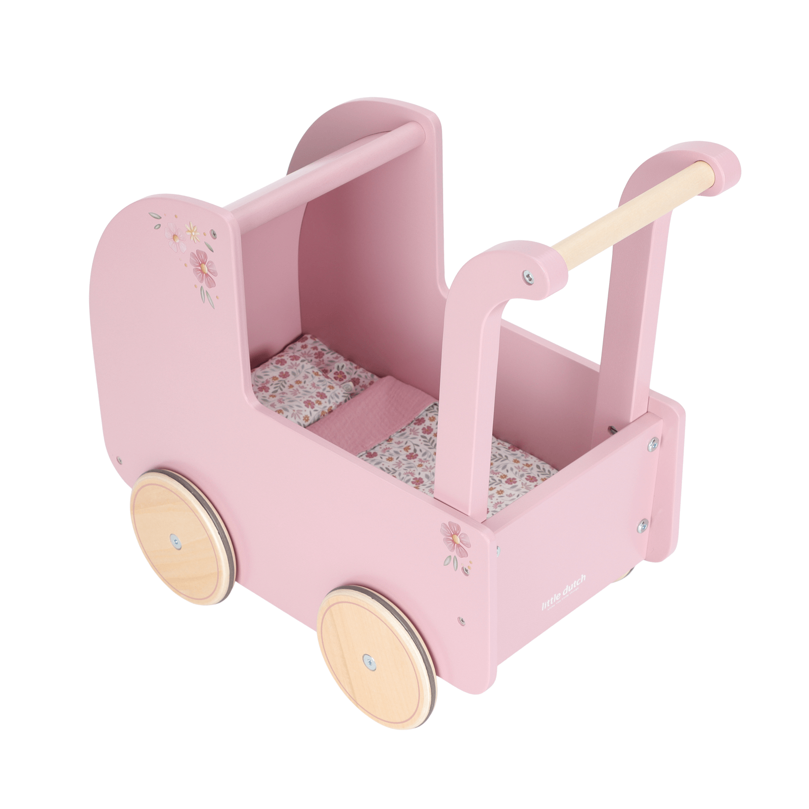 Wooden Doll Pram and Bedding - Pink Flowers