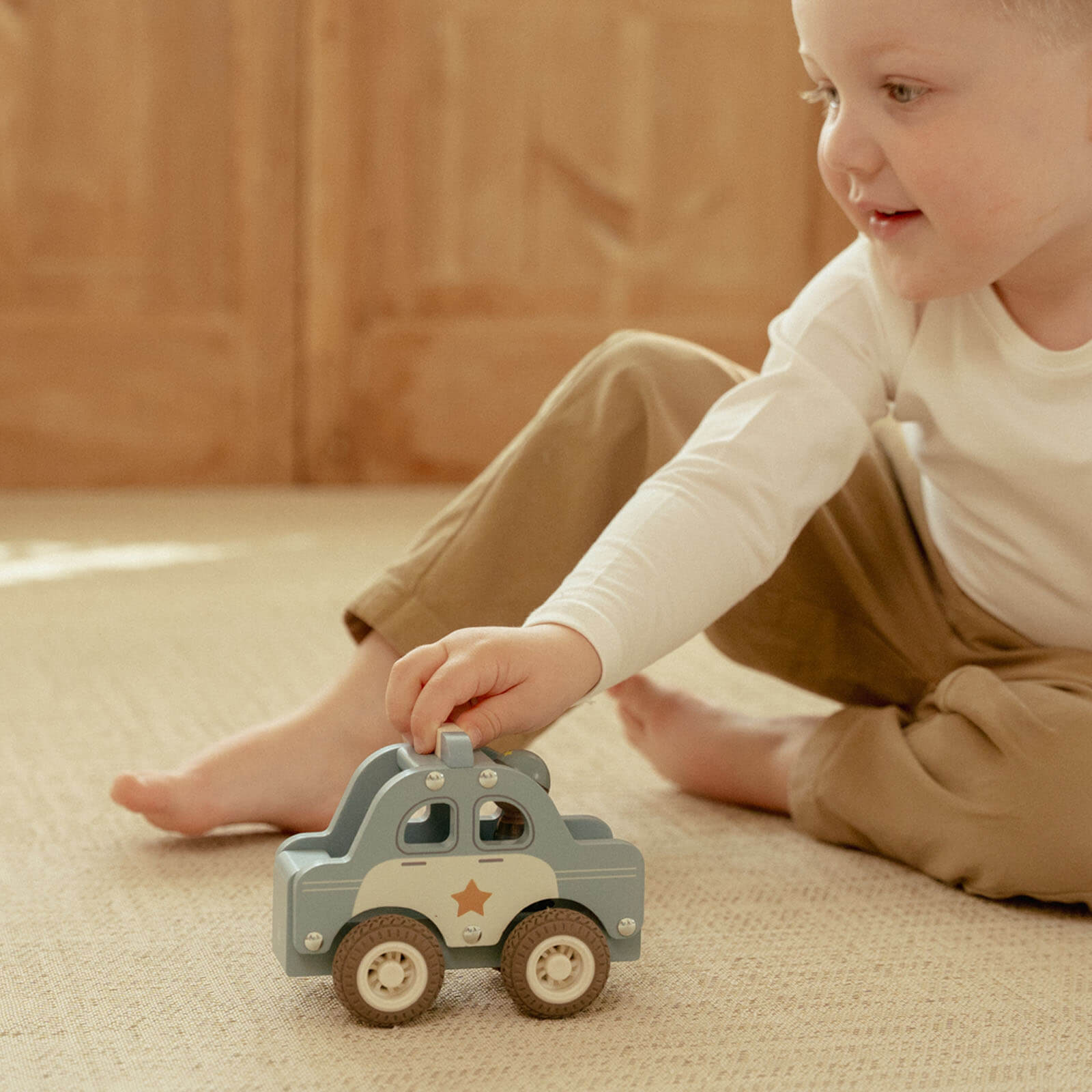 Wooden Police Car and Peg Doll