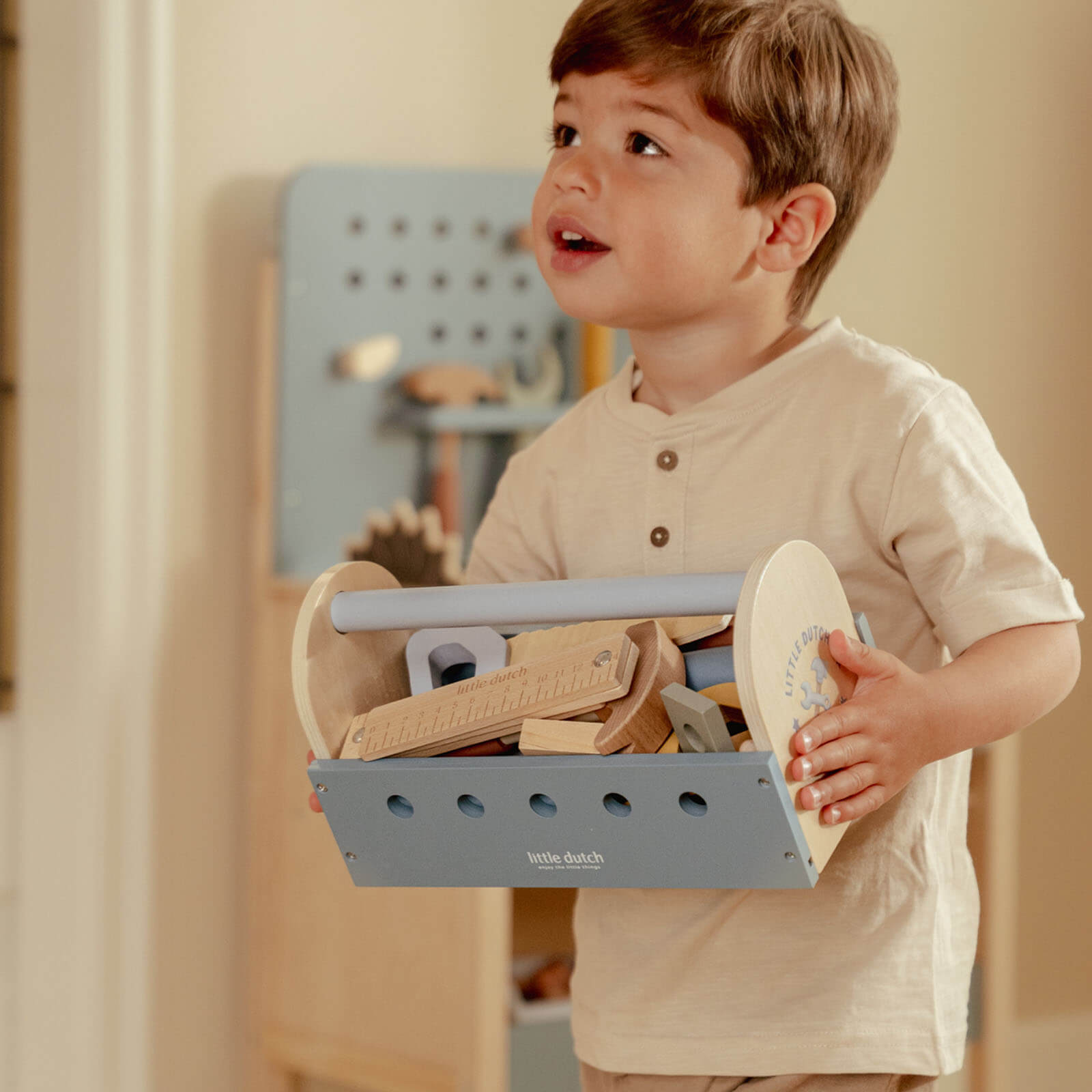 Wooden Blue Toolbox and Accessories