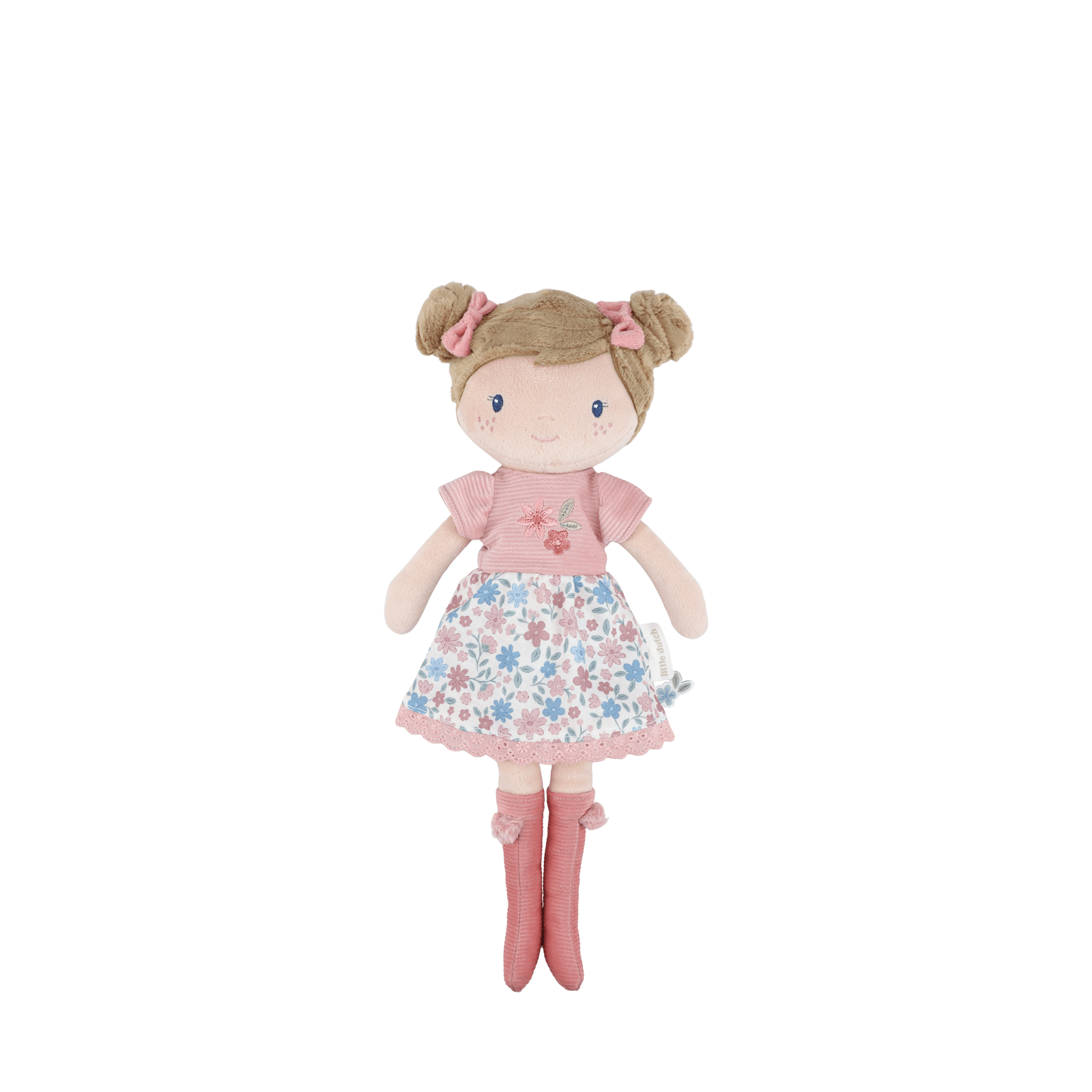 Plush doll with blonde hair, pink dress, and floral skirt on a white background
