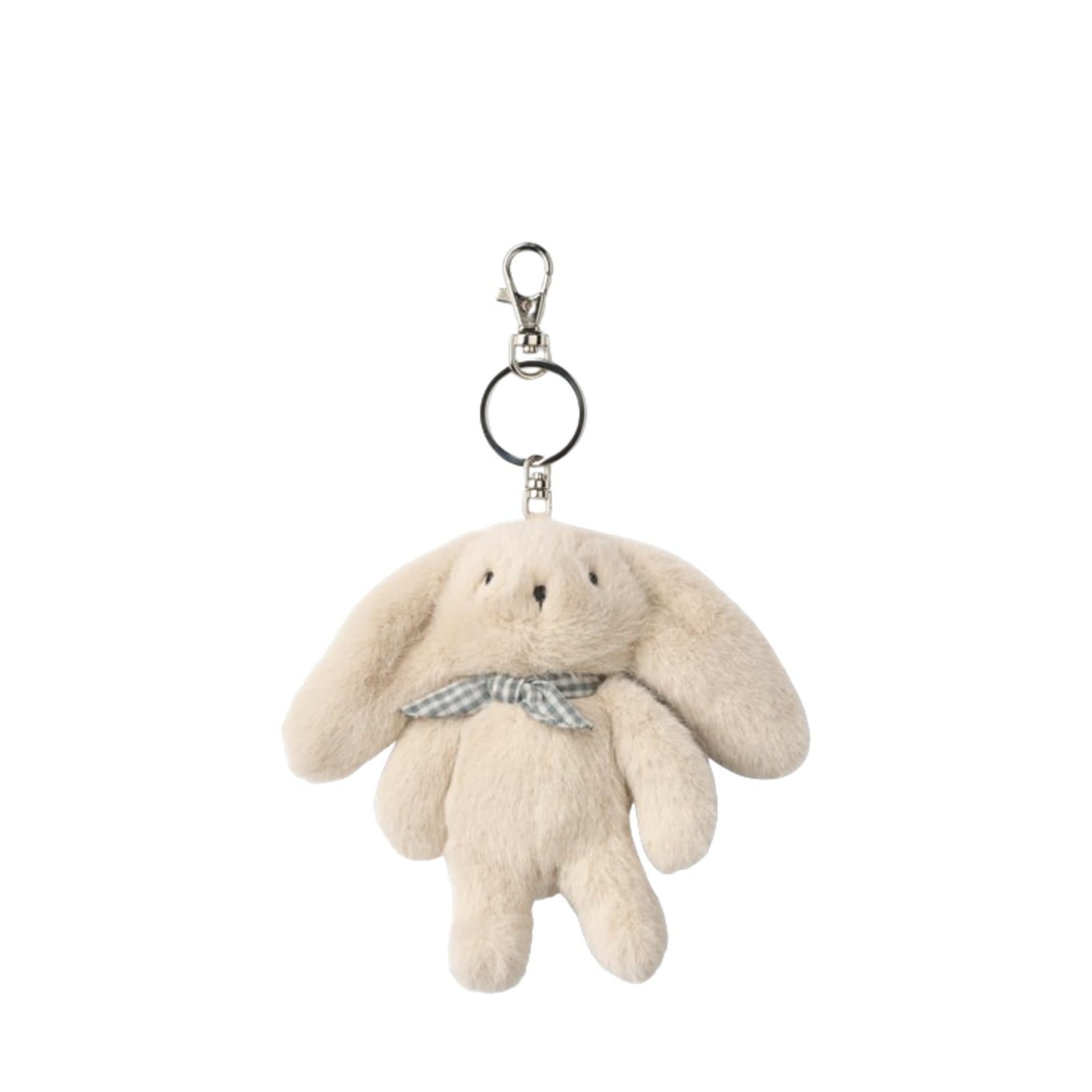 A plush toy keychain depicting a mist-colored rabbit with a keyring on top.