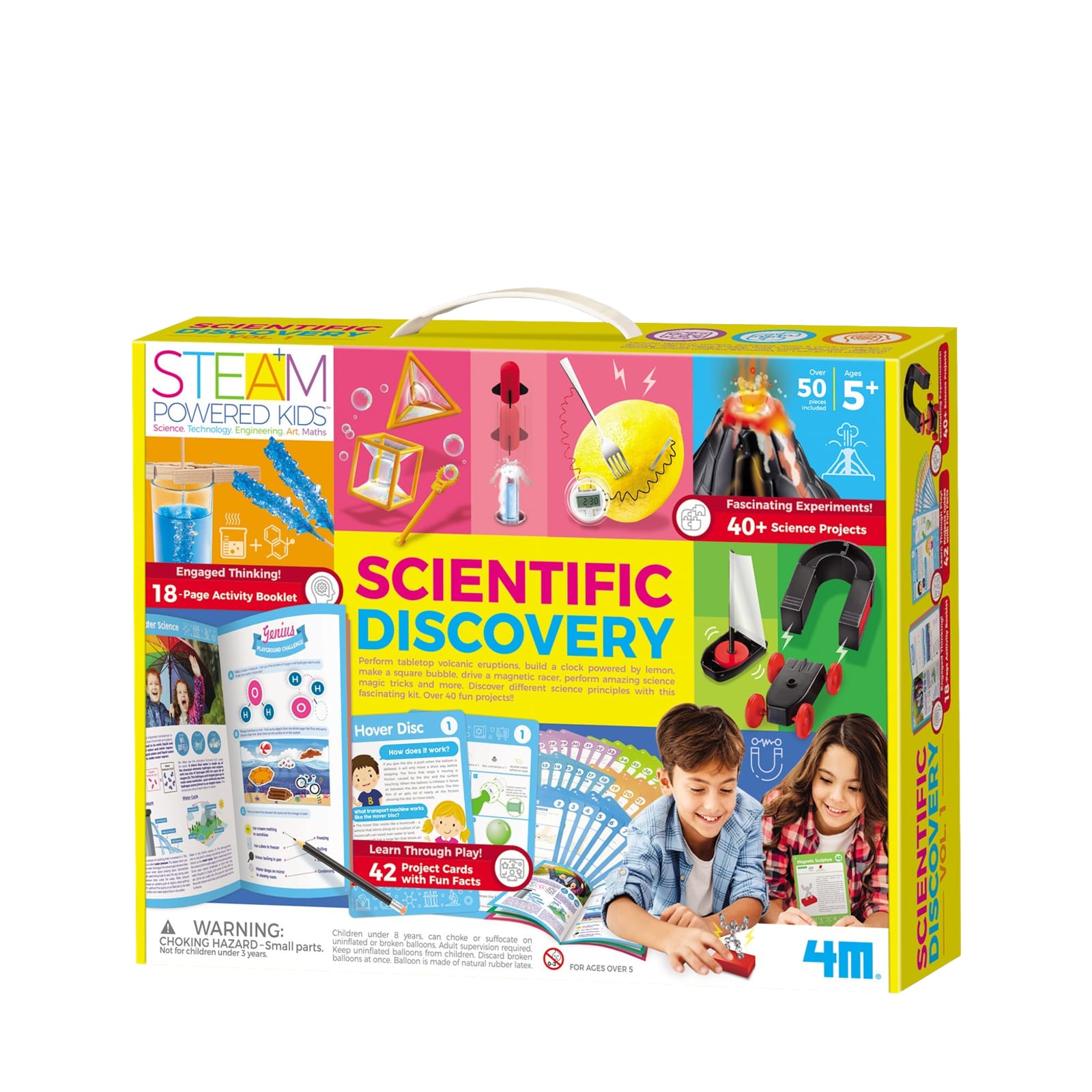 Scientific discovery kit packaging with colorful design and text on a white background