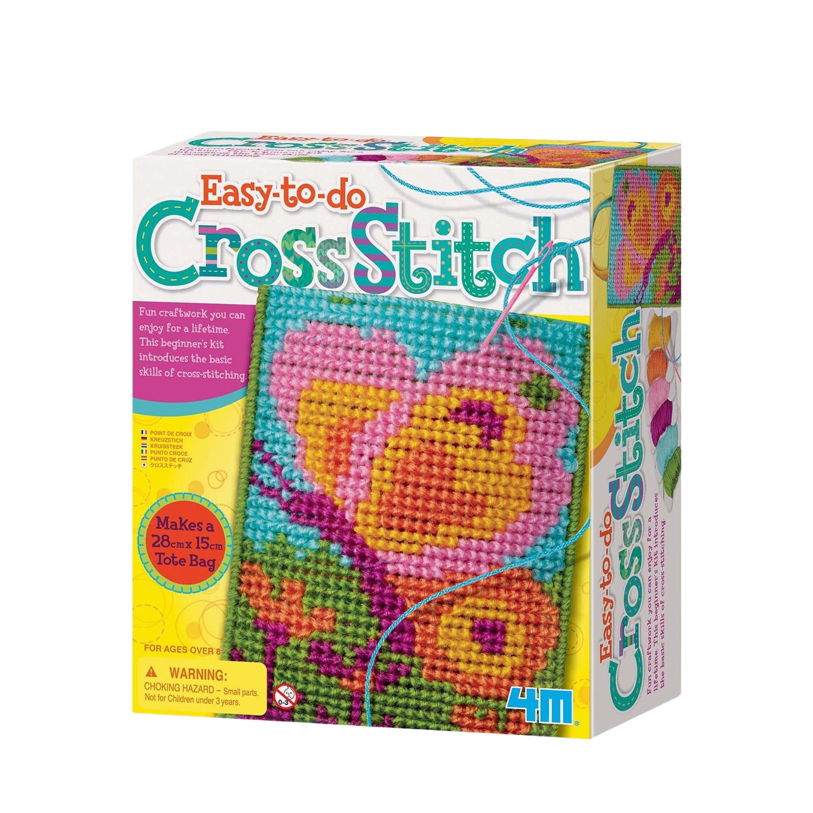 Cross Stitch kit packaging with colorful design and text on a white background