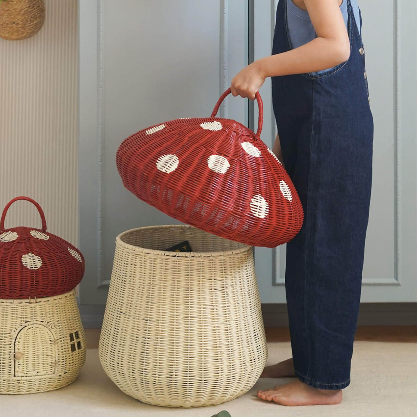 Rattan Mushroom Storage Basket - Red