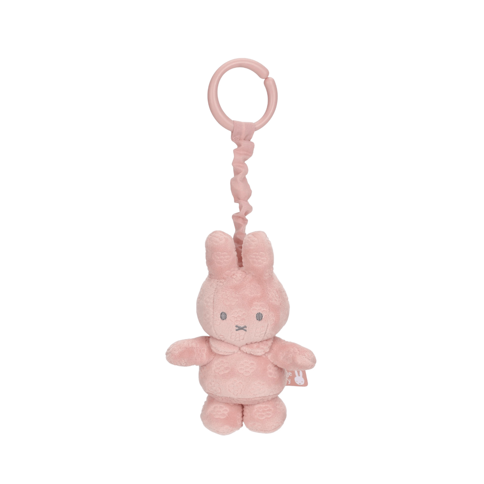 Pink plush bunny toy with a rattle on a white background