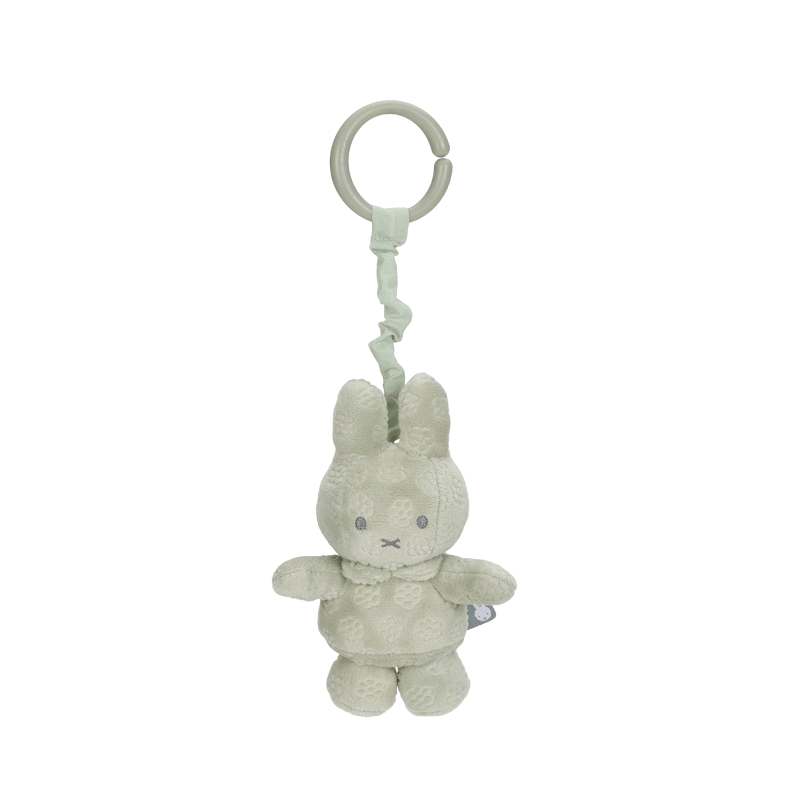 Plush bunny toy with a clip on a white background