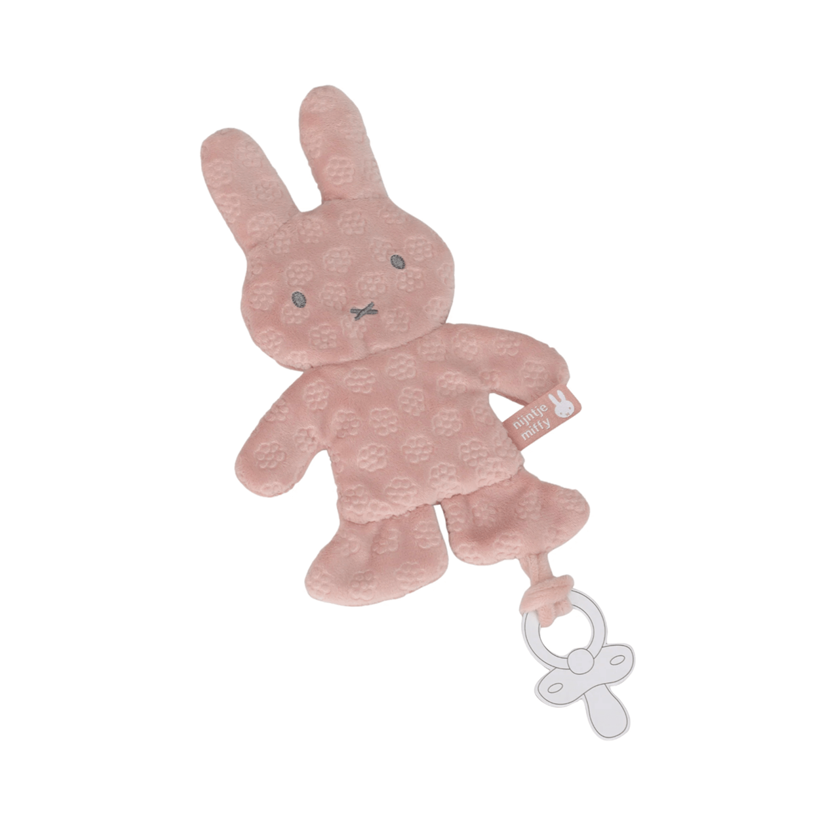 Pink bunny plush toy with a white pacifier clip on a white background