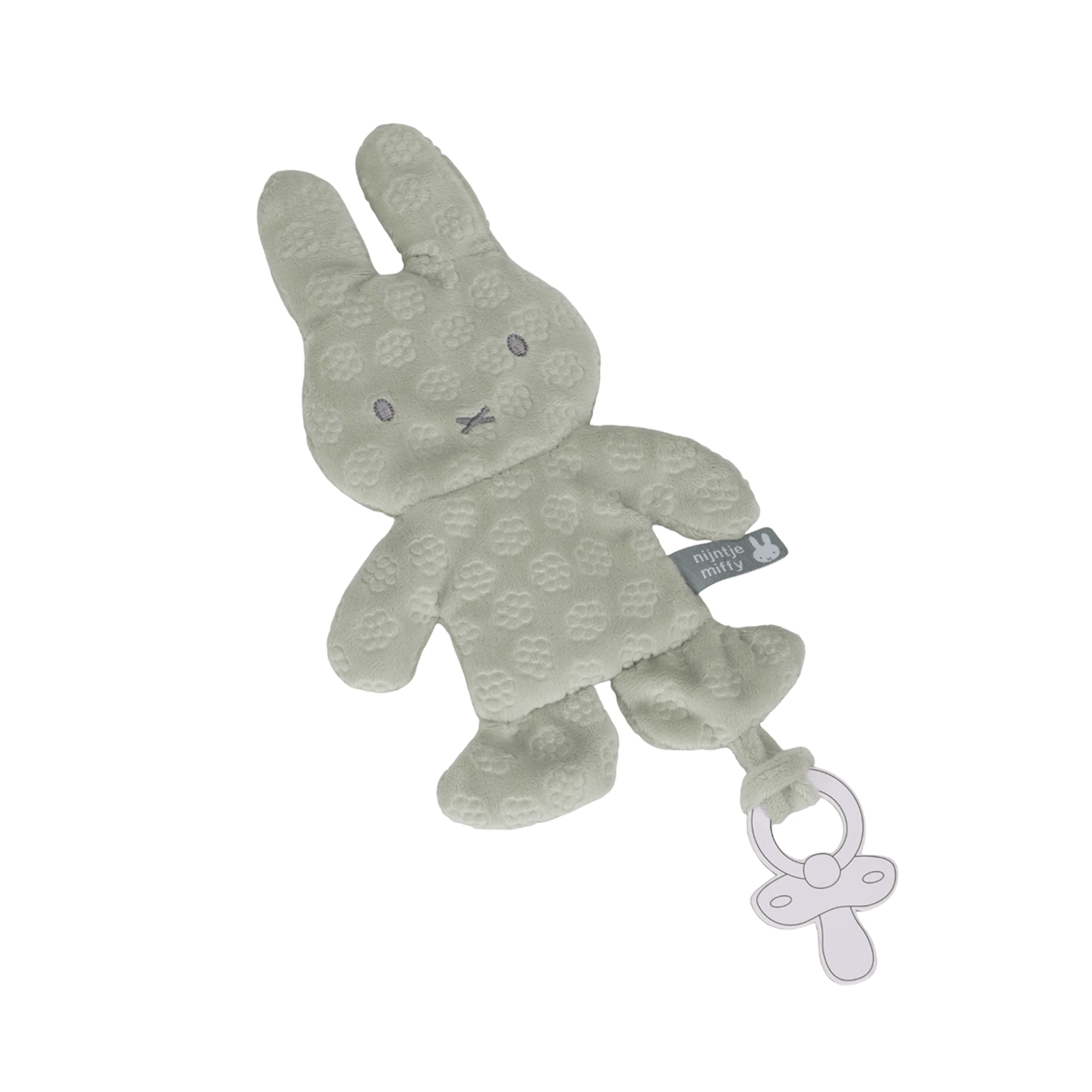 Green plush bunny toy with a pacifier clip on a white background