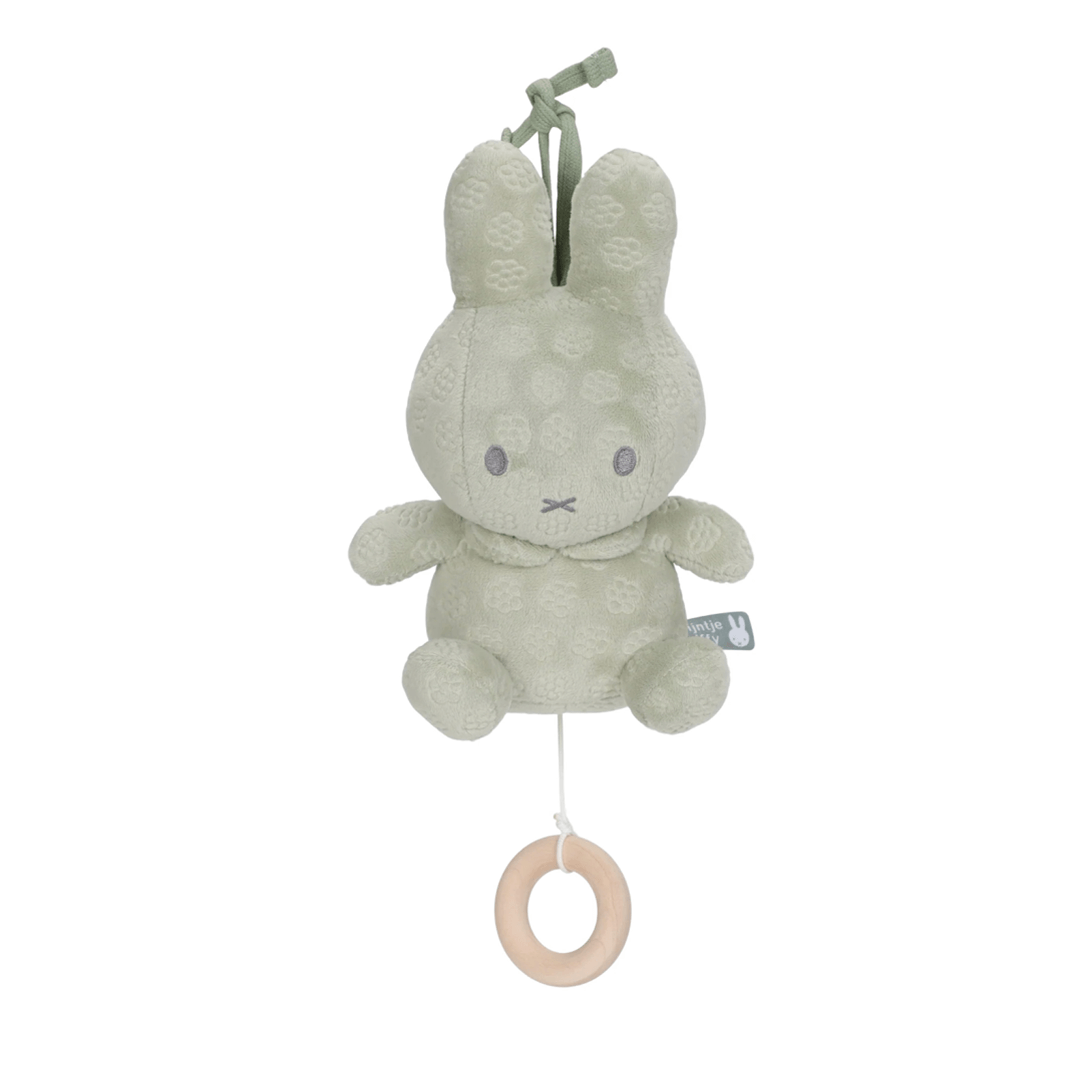Plush toy with a wooden ring on a white background
