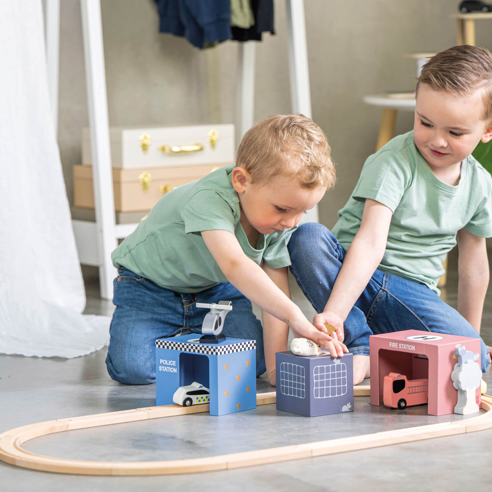 Wooden Train Set with Rescue Vehicles