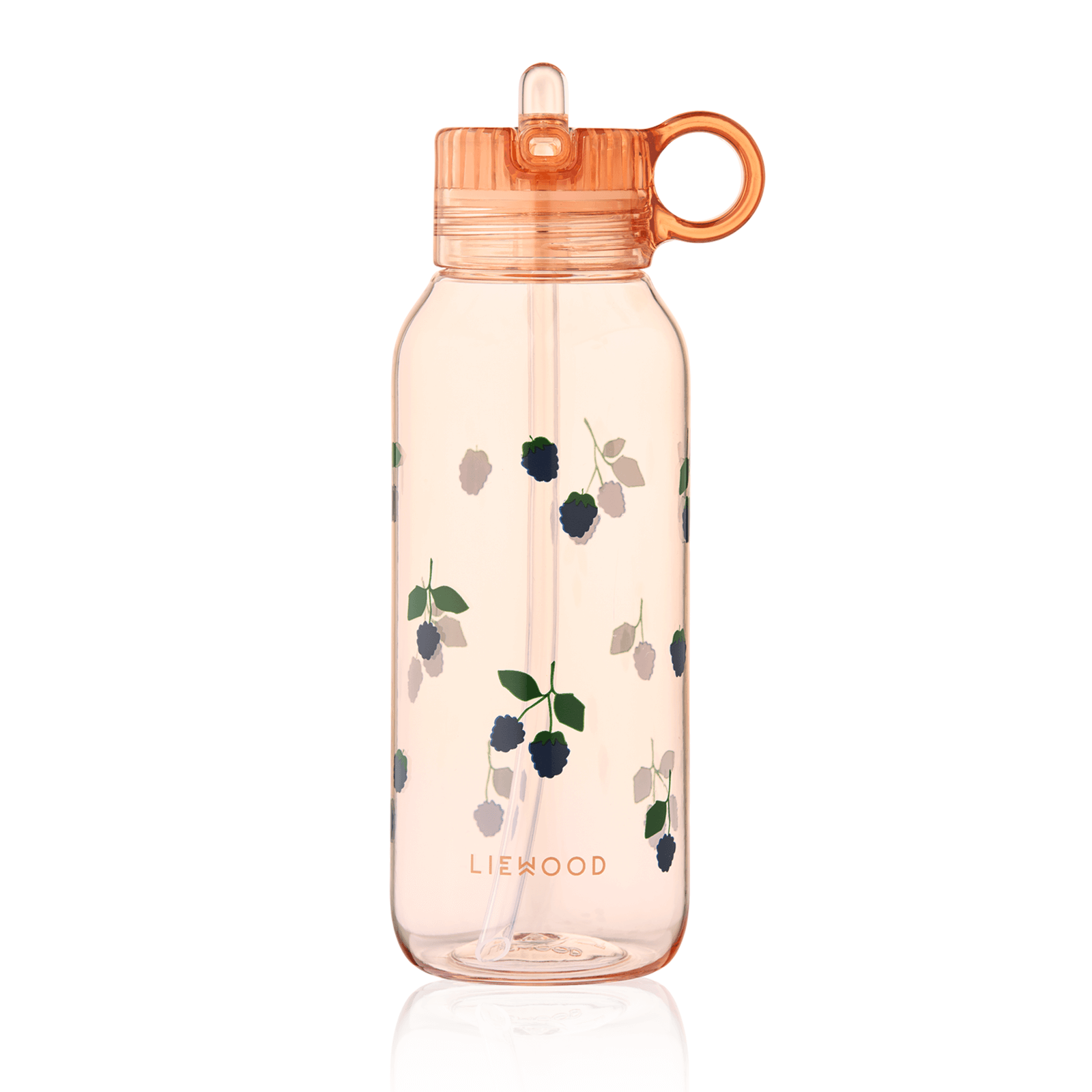 Pink water bottle with floral design and orange cap on a white background