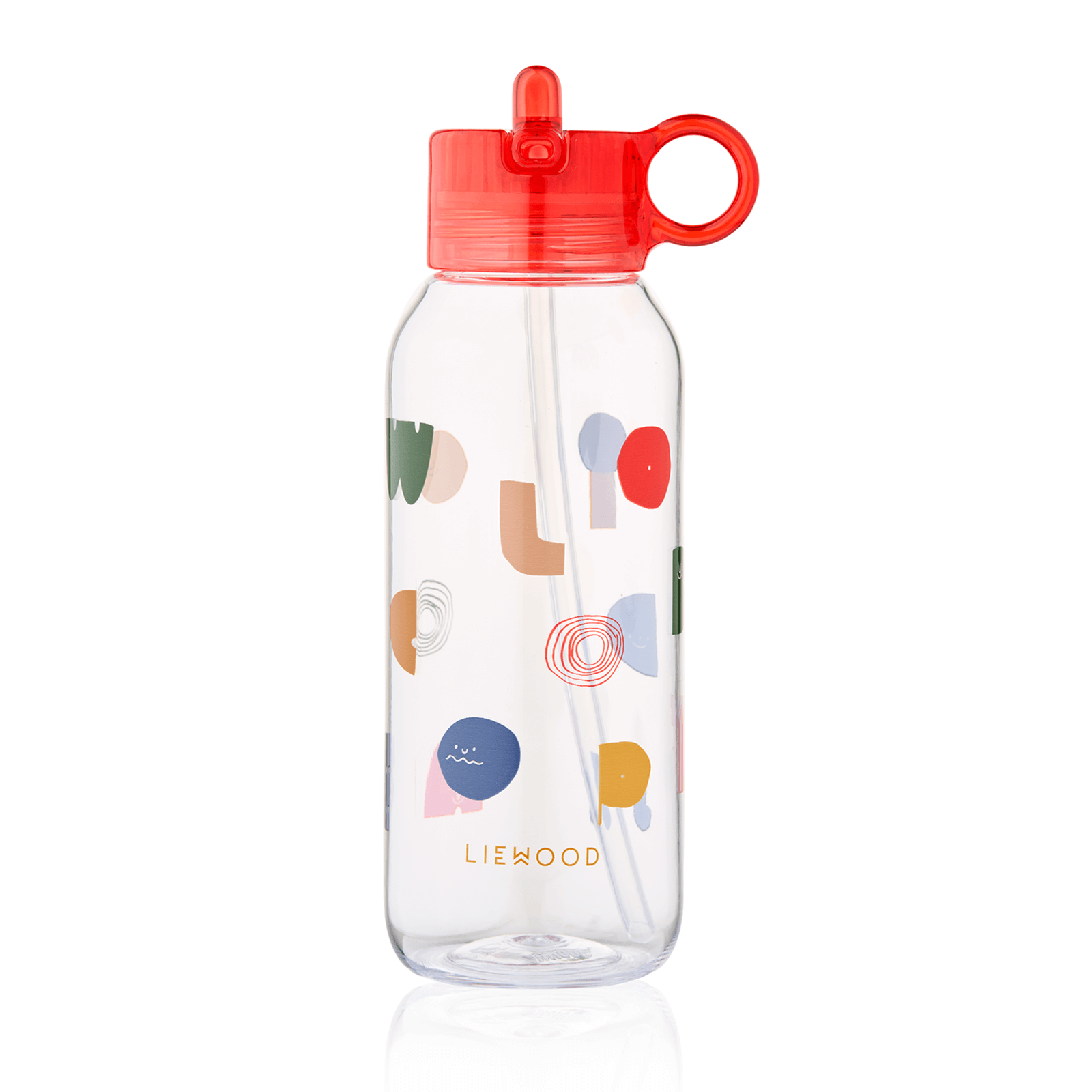 Clear water bottle with colorful designs and a red lid on a white background