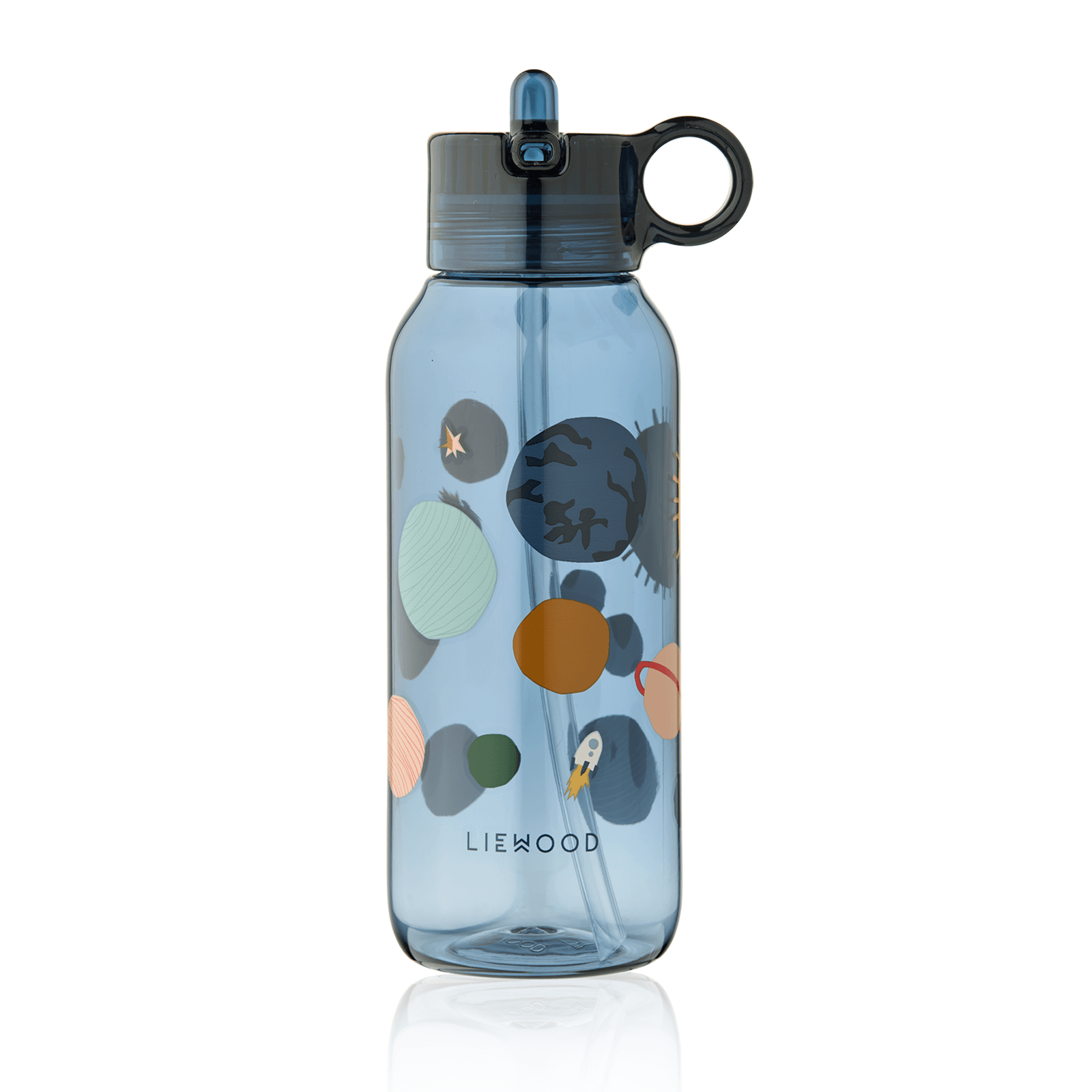 Blue water bottle with colorful designs and 'Liewood' branding on a white background