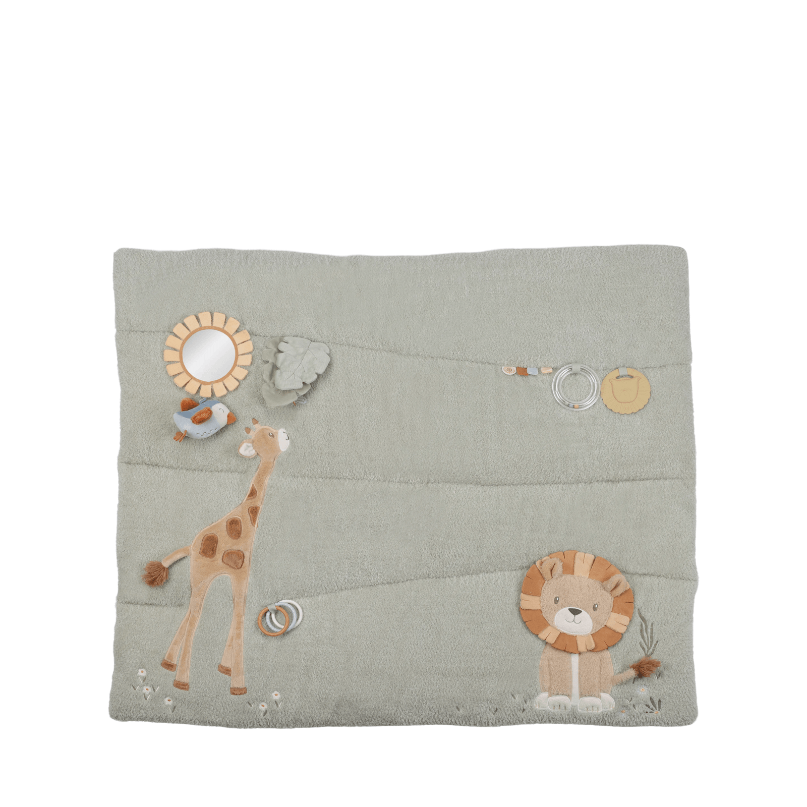Children's activity mat with animal illustrations on a light gray background