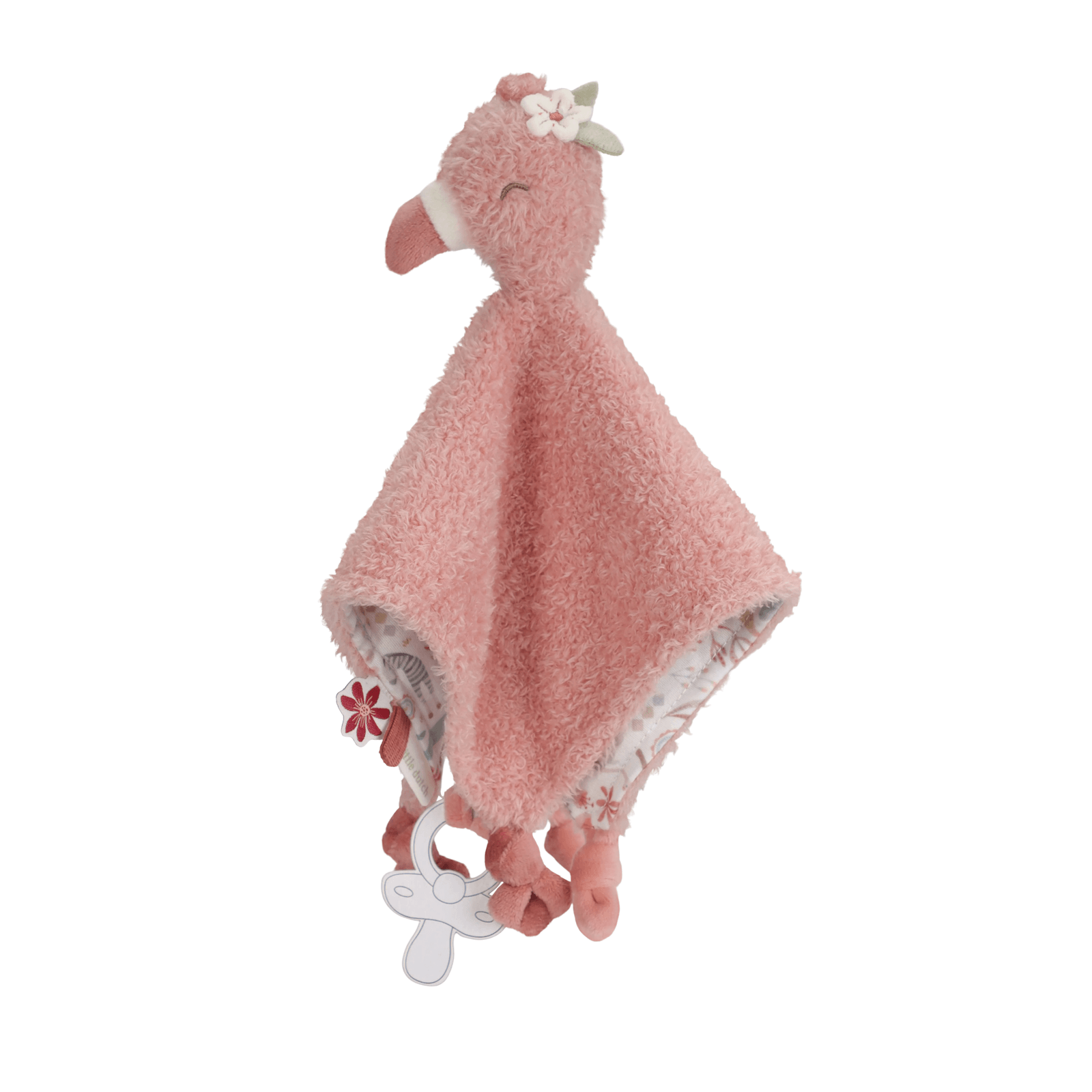Pink plush flamingo toy with a flower on a white background