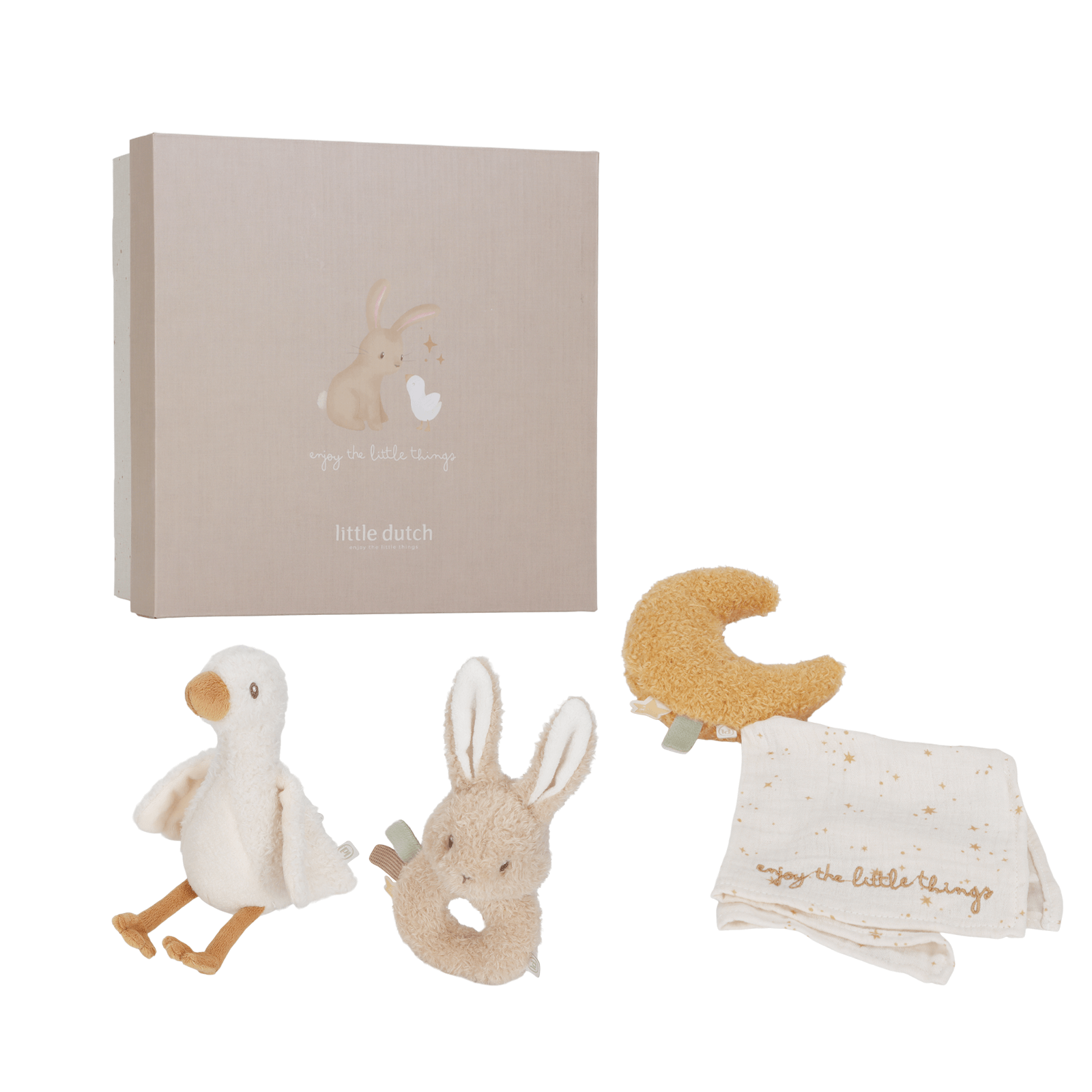 Baby toy set with a goose, rabbit, and moon-shaped rattle, accompanied by a Little Dutch box.
