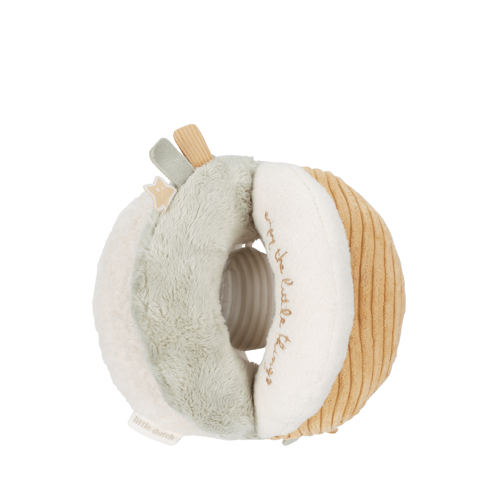 Plush toy with wooden elements on a white background