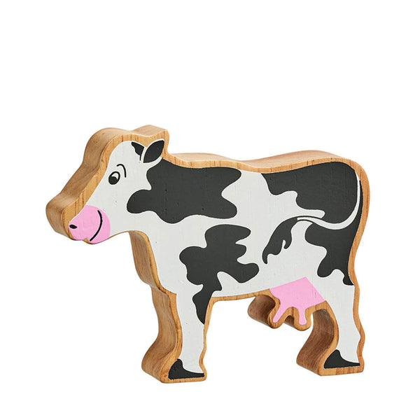 Natural Painted Wood - Black and White Cow Figure