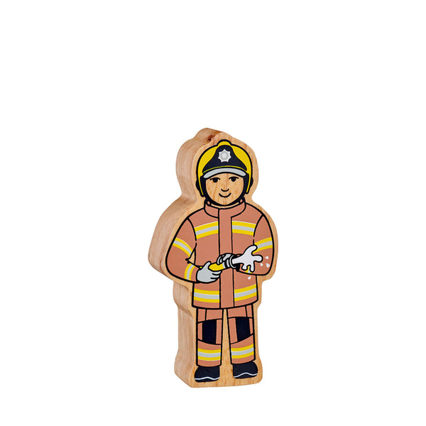 Natural Painted Wood - Brown and Yellow Firefighter Figure