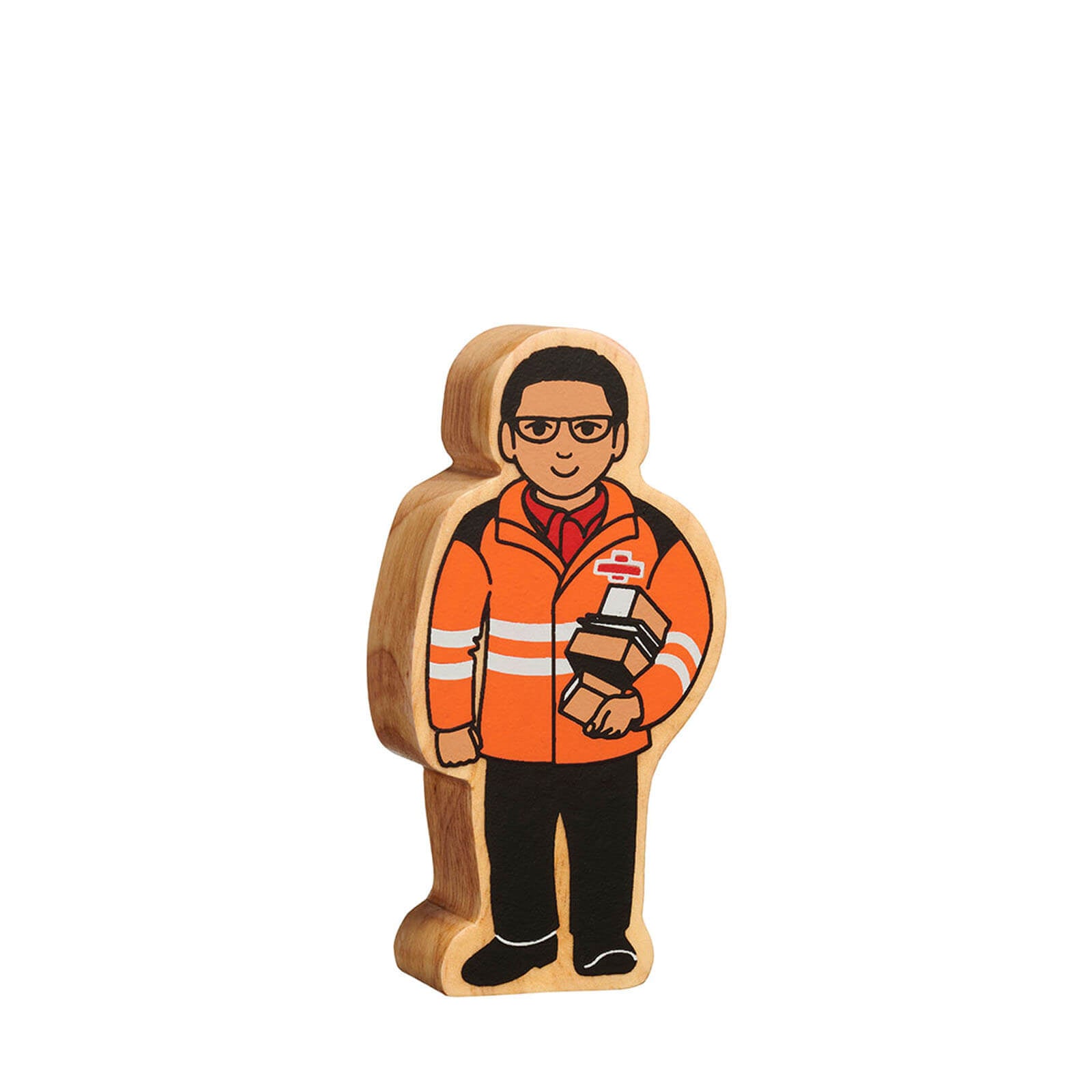 Natural Painted Wood - Orange and Black Delivery Person Figure