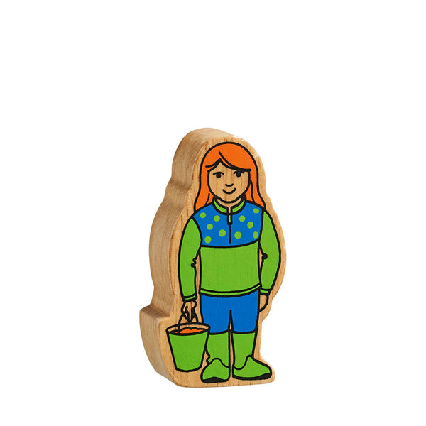 Natural Painted Wood - Green and Blue Farm Girl Figure