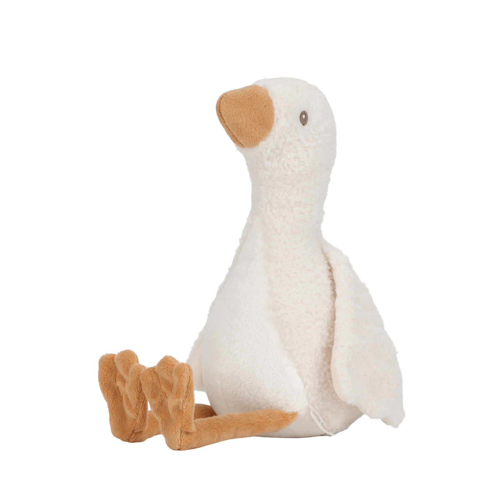 Plush toy goose with a white body and brown feet and beak on a white background