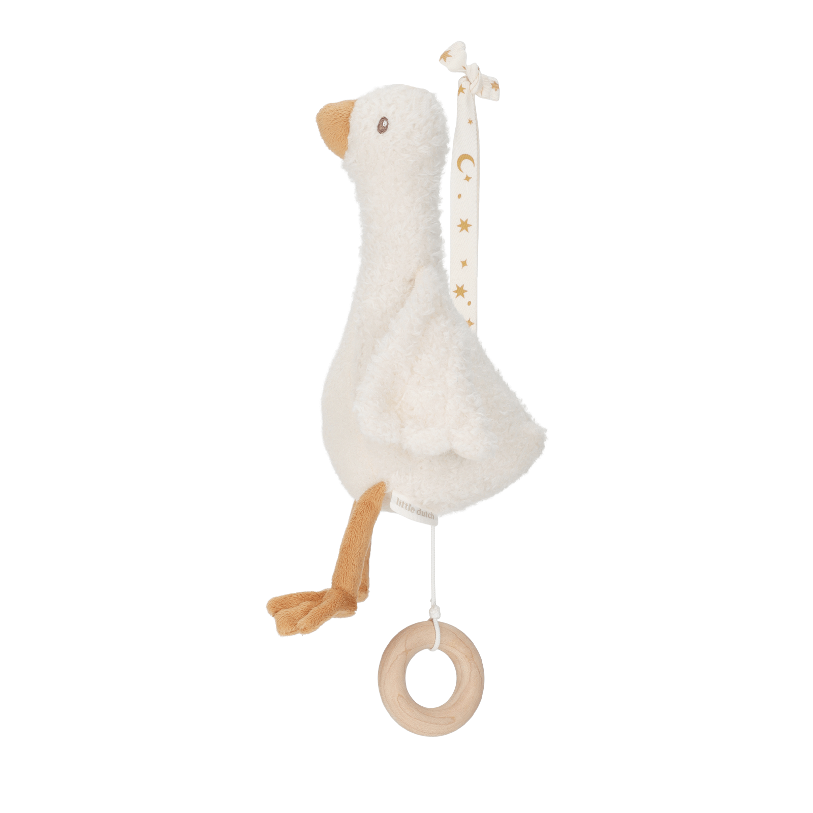 White plush goose toy with wooden ring and hanging elements on a white background