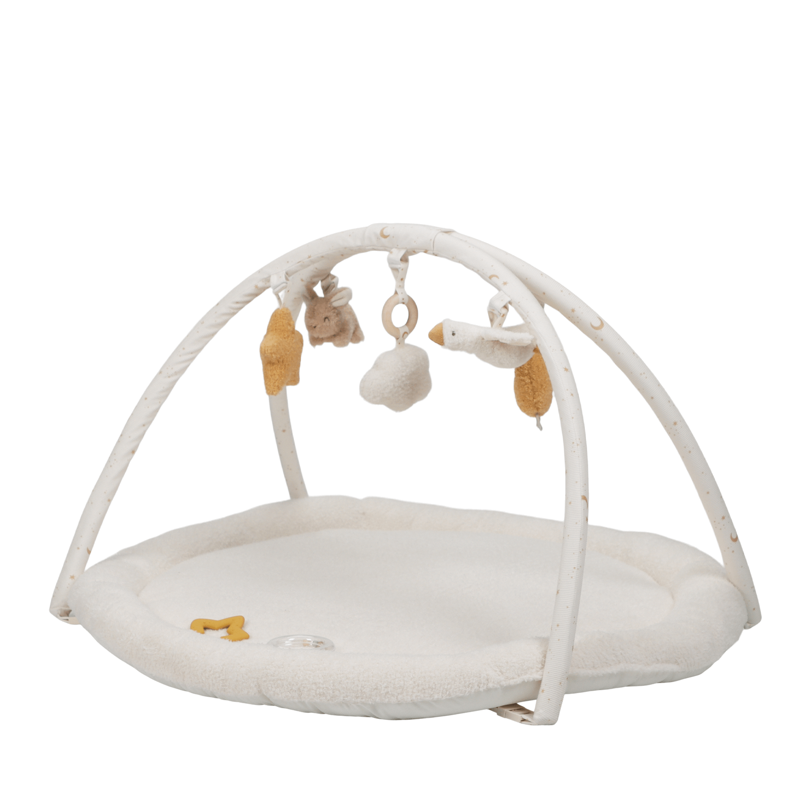 White baby play gym with hanging toys on a white background