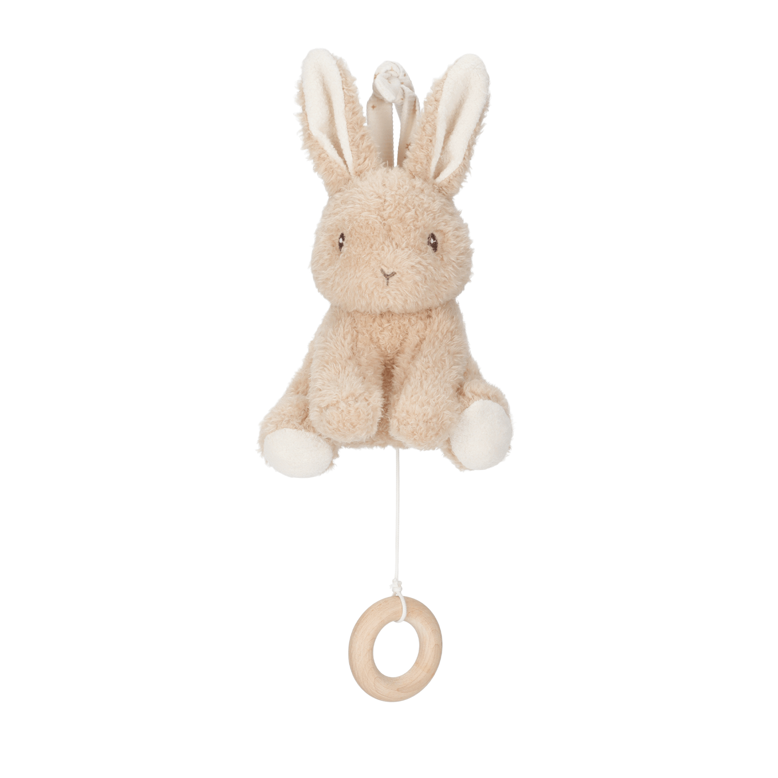 Plush rabbit toy with a wooden ring on a white background
