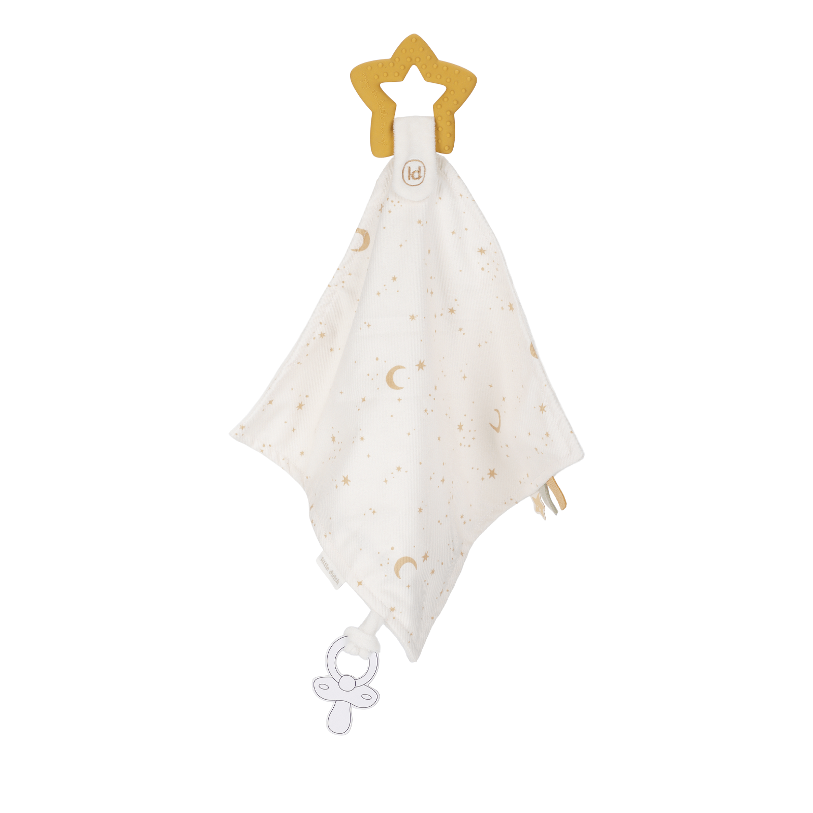 Baby comfort blanket with star-shaped clip on a white background
