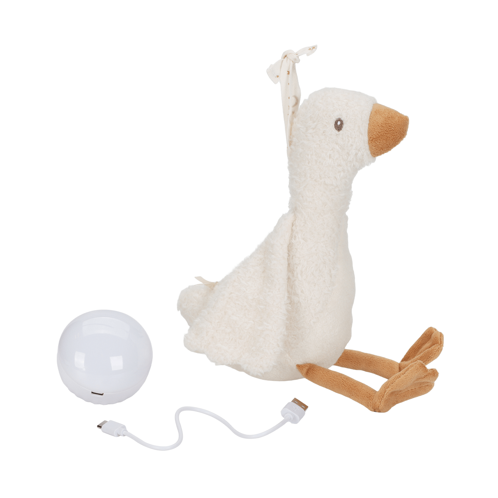 Plush goose toy with a light bulb and cable on a white background