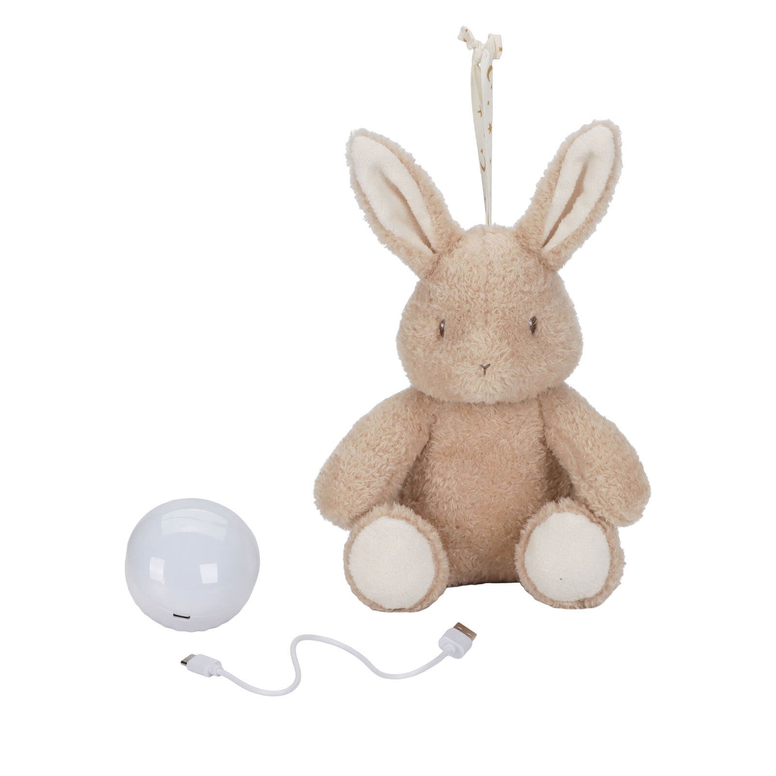 Plush rabbit toy with a USB light on a white background