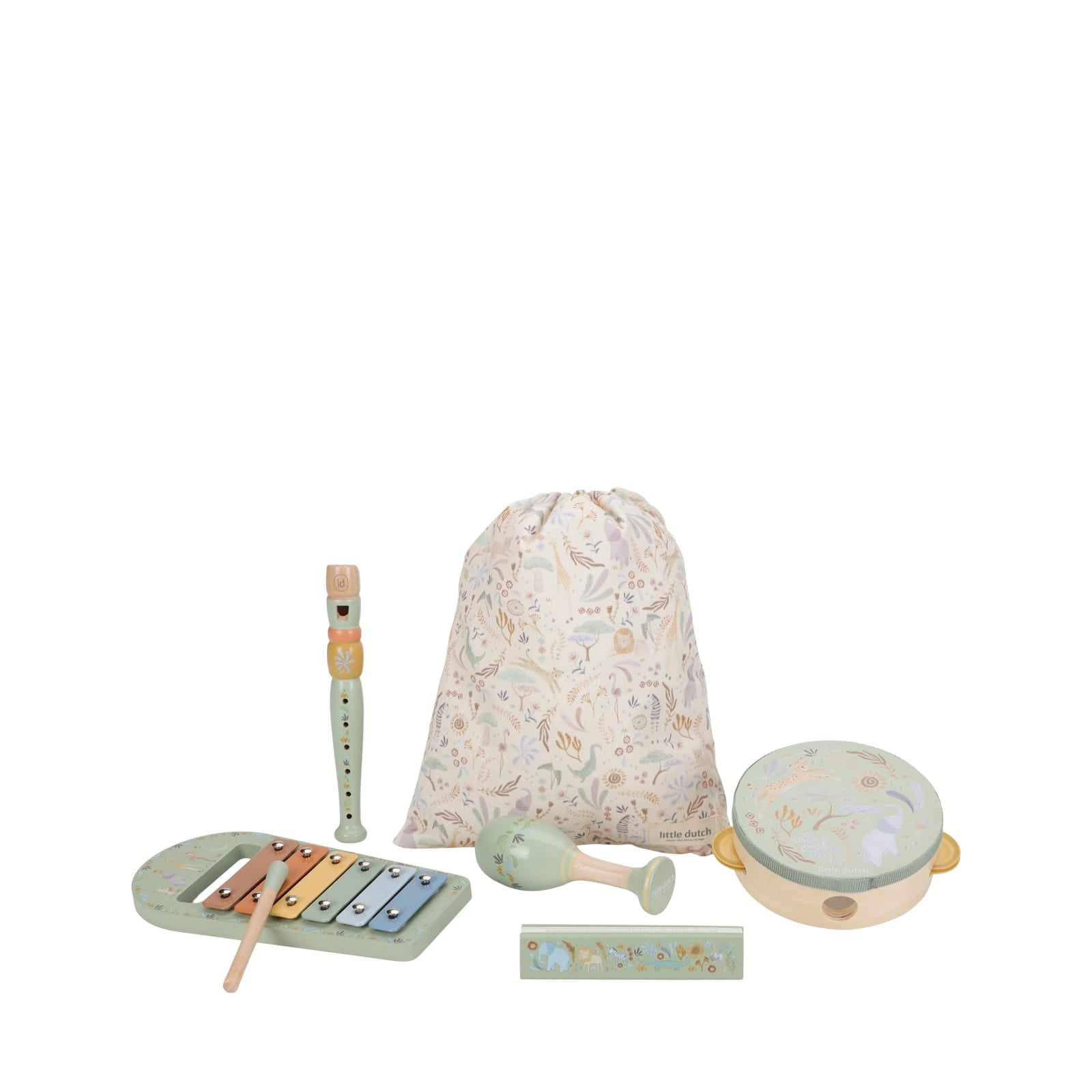 Set of musical instruments with a patterned bag on a white background