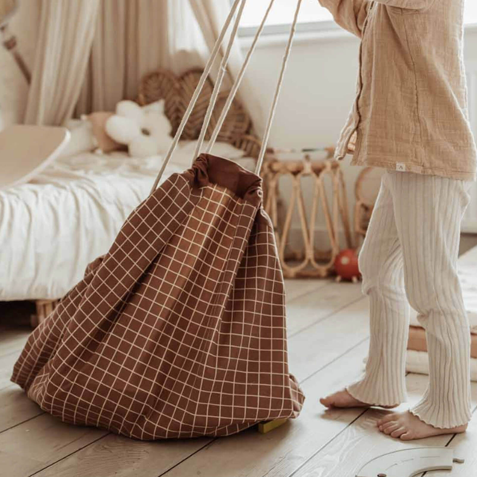 Organic Grid - Brown Baby Playmat / Storage Bag