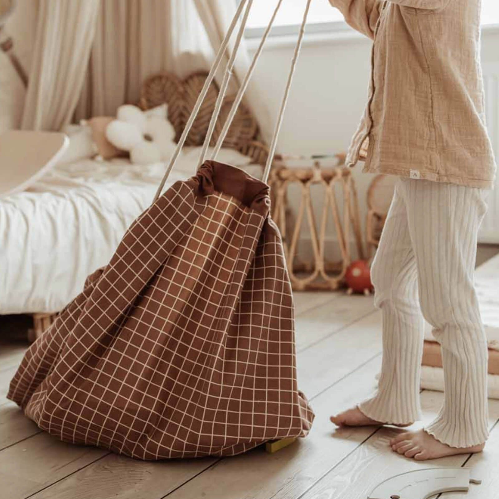 Organic Grid - Brown Baby Playmat / Storage Bag