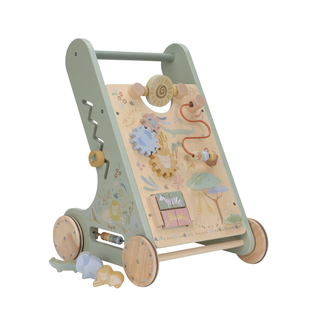 Children's wooden activity walker with colorful design on a white background with a safari theme