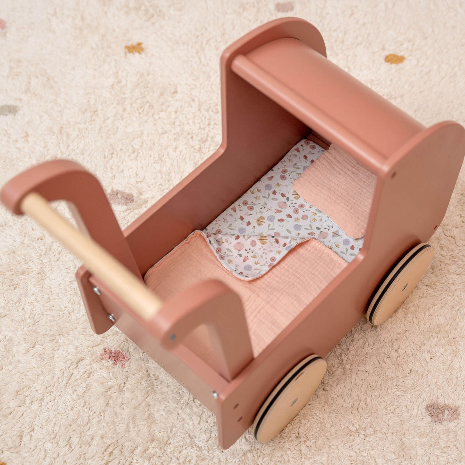 Wooden Doll Pram and Bedding