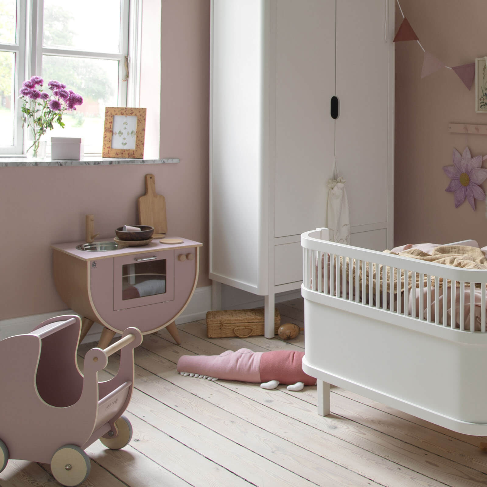 Wooden Dolls Pram - Blossom Pink